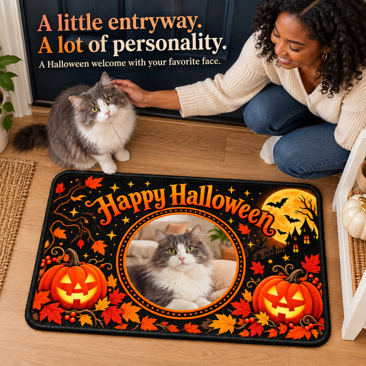 Gray and white cat with owner beside a Happy Halloween photo floor mat in a dry indoor apartment entry; illustrative lifestyle mockup.