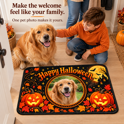 Child and golden retriever beside their personalized Happy Halloween indoor floor mat; illustrative lifestyle mockup.