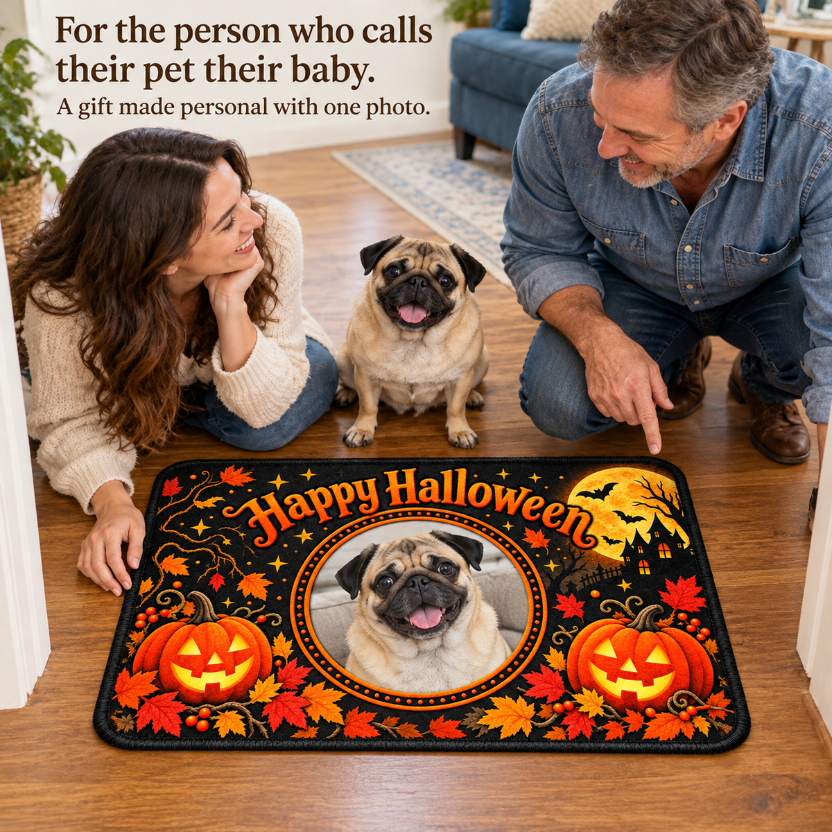 Father and daughter with a pug photo Halloween floor mat gift in a dry indoor doorway; illustrative lifestyle mockup.