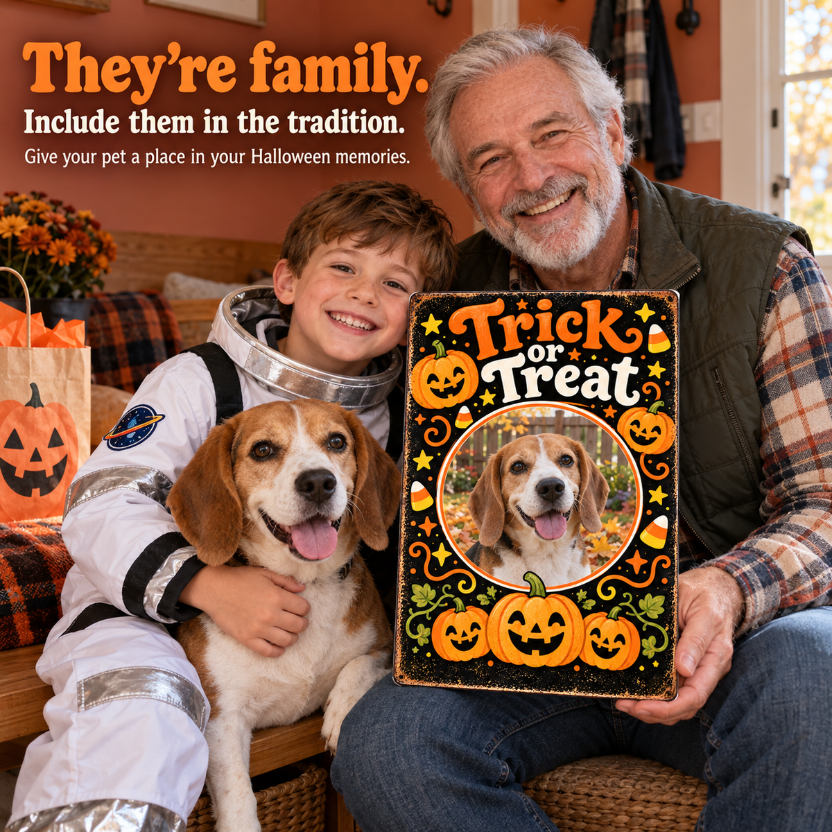 Grandfather, child and beagle with their personalized Trick or Treat metal sign; illustrative lifestyle mockup.