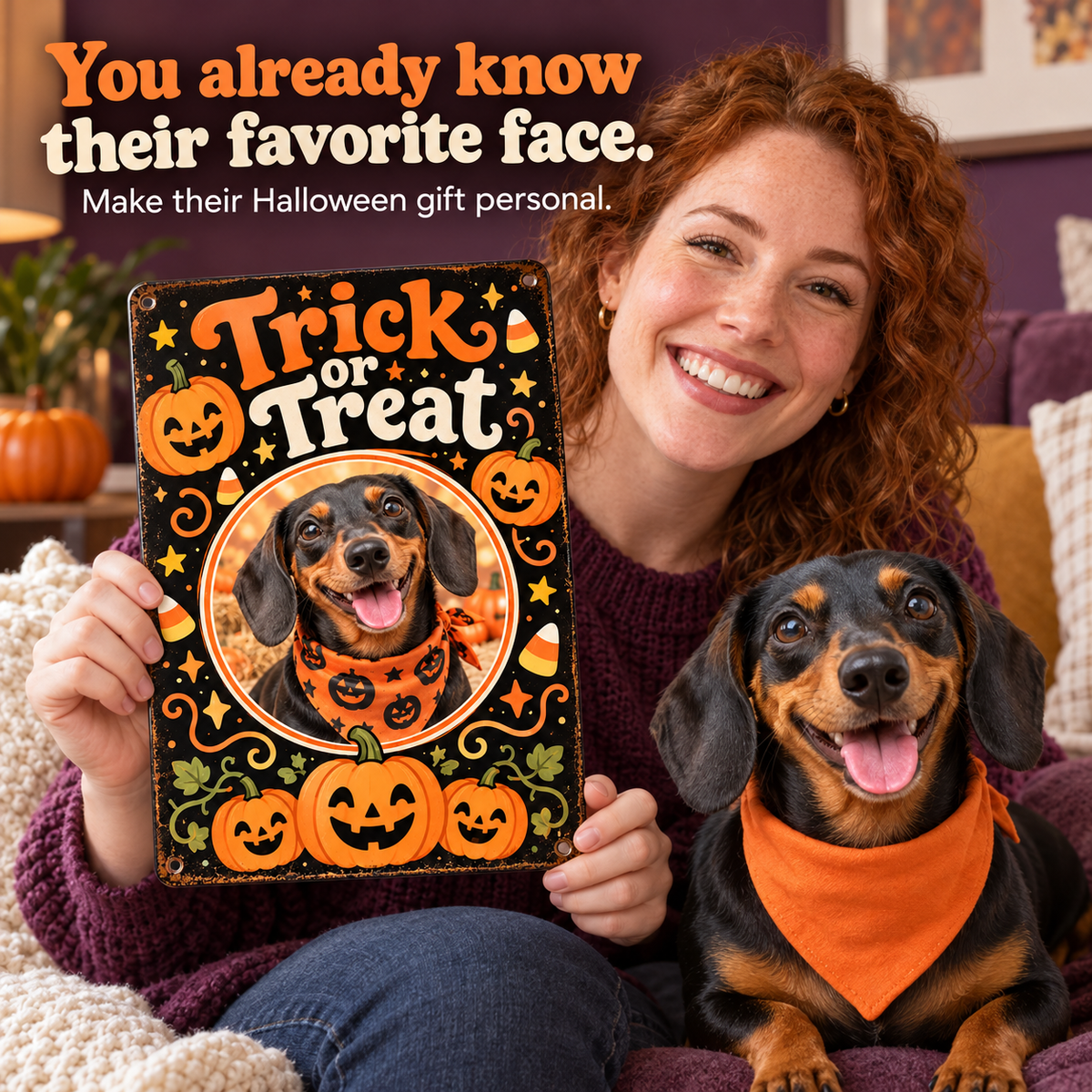 Dachshund owner holding a personalized Trick or Treat Halloween metal sign gift; illustrative lifestyle mockup.