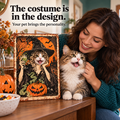 Tabby cat and owner beside the original personalized witch face metal sign; illustrative lifestyle mockup.