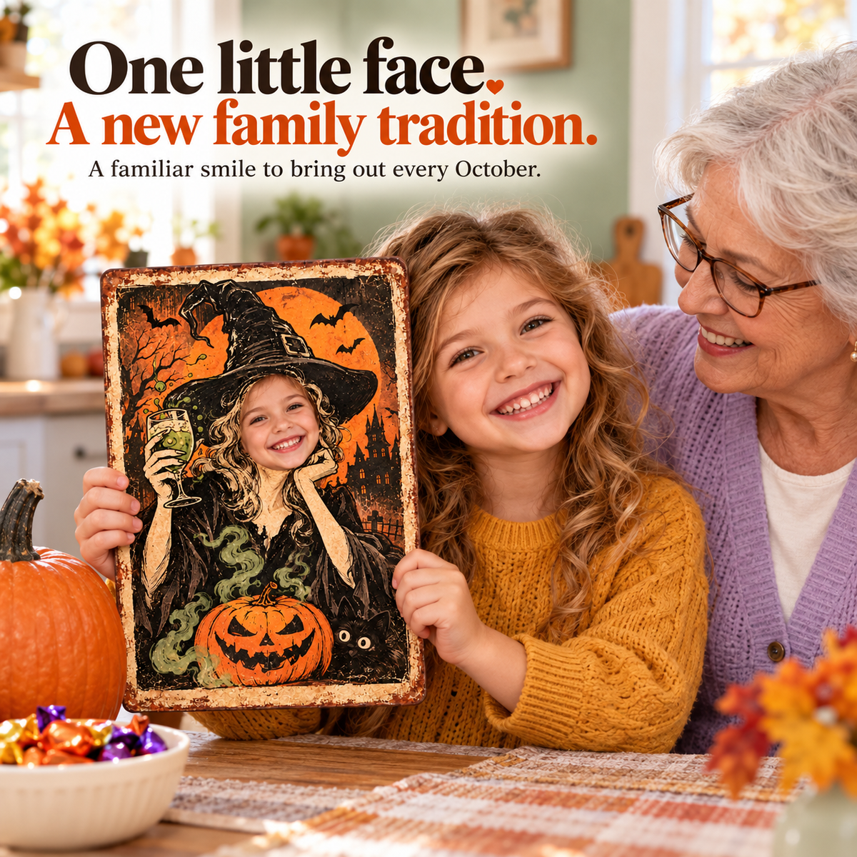 Child and grandmother enjoying a personalized vintage witch face metal sign keepsake; illustrative lifestyle mockup.