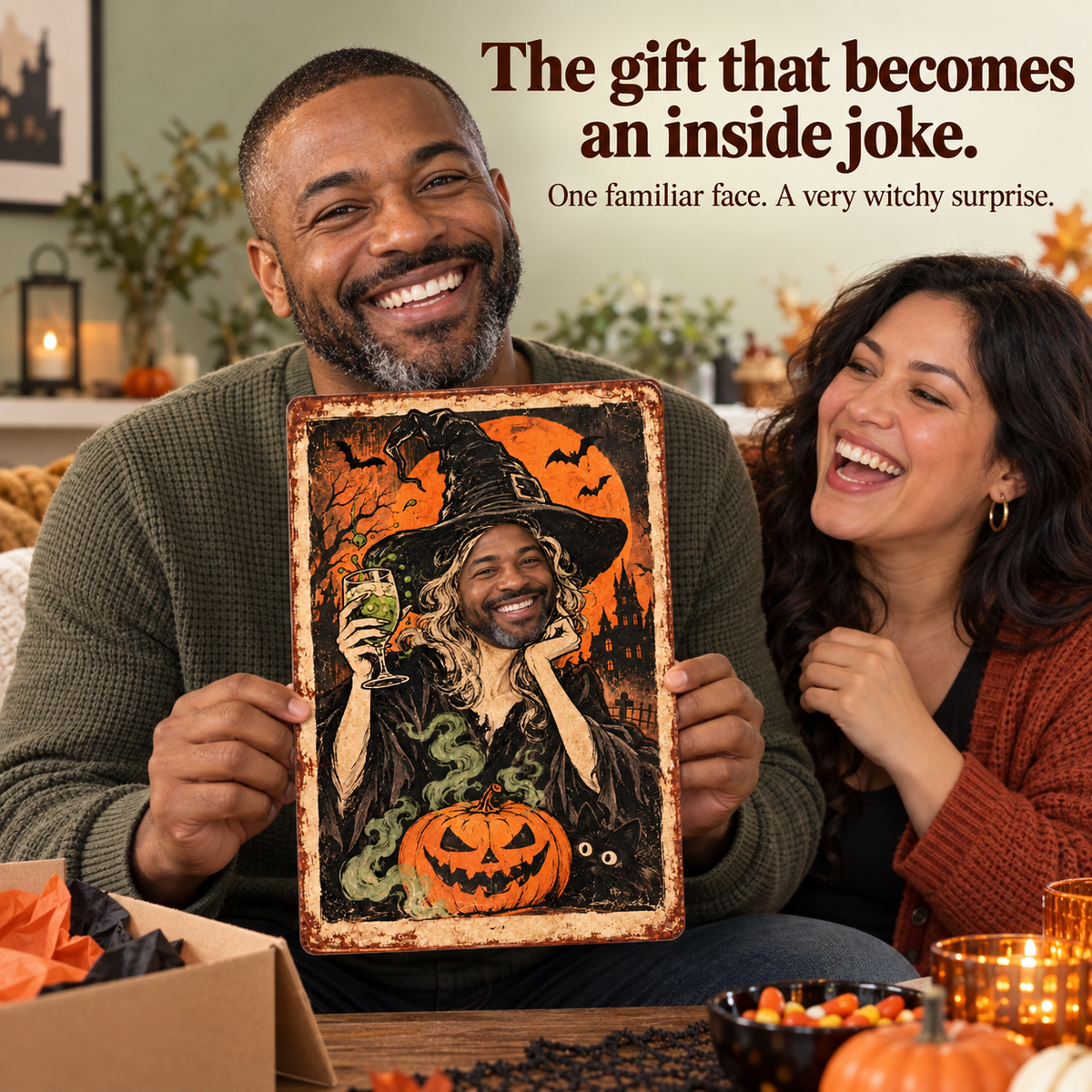 Friends sharing a laugh over a personalized witch face metal sign gift; illustrative lifestyle mockup.