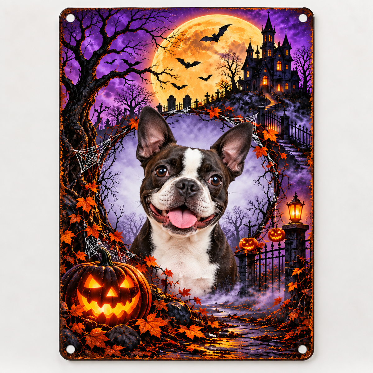 Haunted Moon Halloween Pet Metal Sign with Boston Terrier photo, purple moon haunted castle, 8x12 in