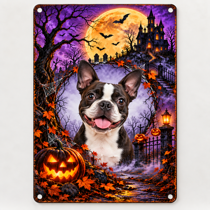 Haunted Moon Halloween Pet Metal Sign with Boston Terrier photo, purple moon haunted castle, 8x12 in