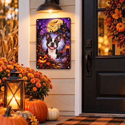 Personalized Haunted Moon dog photo metal sign on American Halloween front porch near entrance door