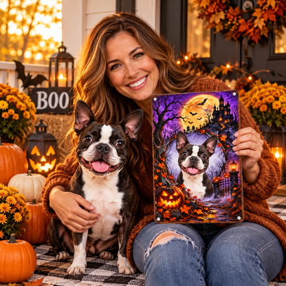 Dog mom smiling beside her Boston Terrier while holding customized Haunted Moon pet metal sign