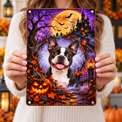 Handheld close-up of Haunted Moon Halloween photo metal sign, rounded metal corners and mounting holes
