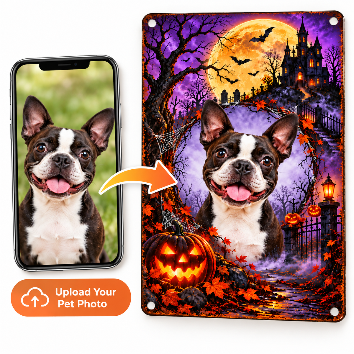 Personalize a Halloween pet sign by uploading your dog's photo and previewing the result