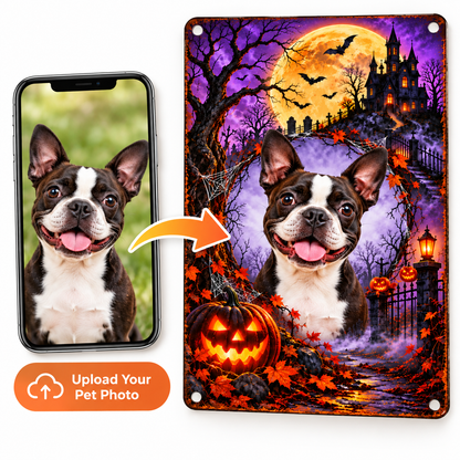 Personalize a Halloween pet sign by uploading your dog's photo and previewing the result