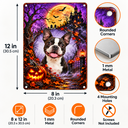 8 x 12 inch Haunted Moon metal sign size chart, 1 mm metal construction, rounded corners, 4 holes and no screws included