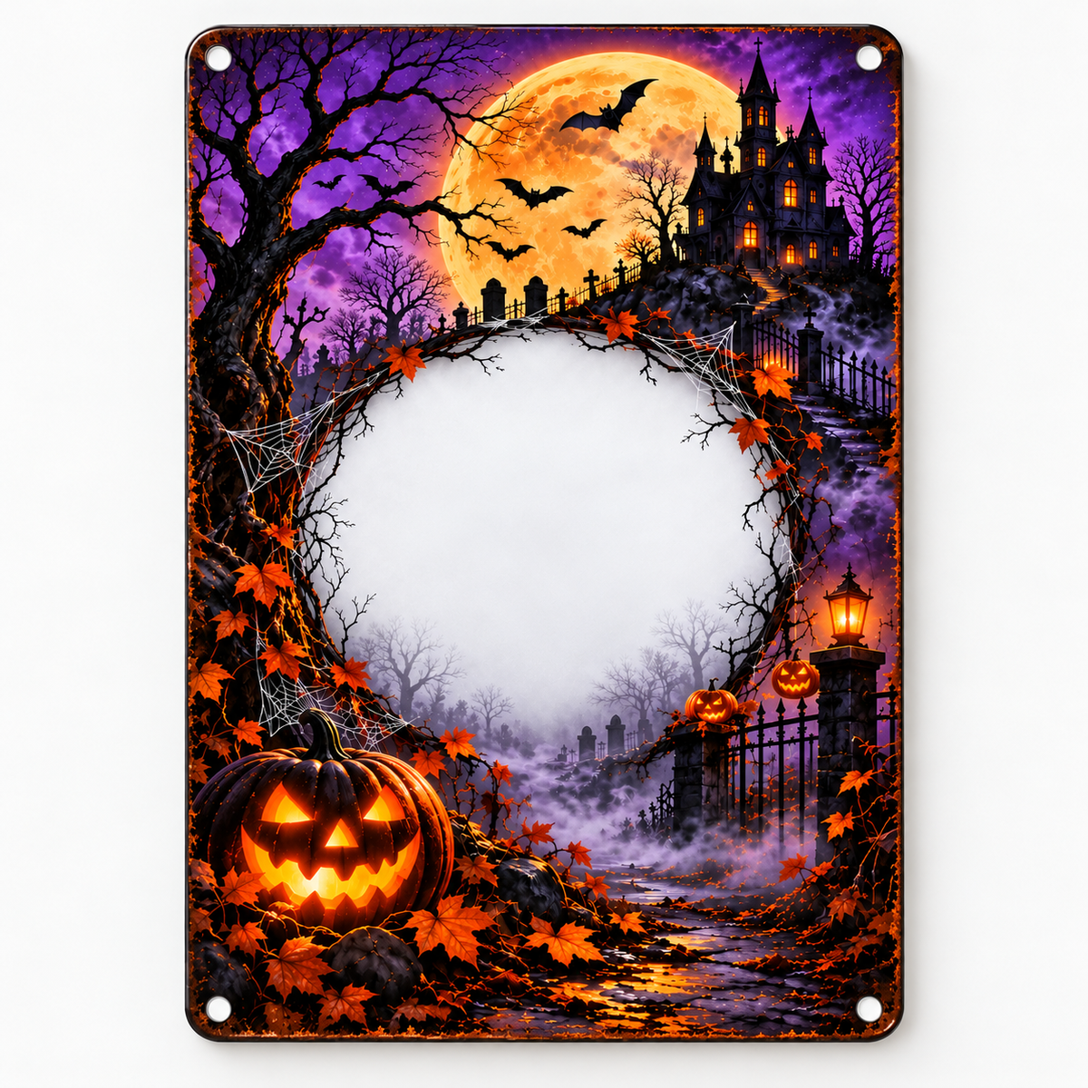Empty Halloween pet photo metal sign example, moonlit castle and pumpkin, blank photo space, physical holes mockup only