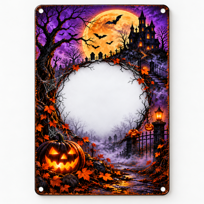 Empty Halloween pet photo metal sign example, moonlit castle and pumpkin, blank photo space, physical holes mockup only