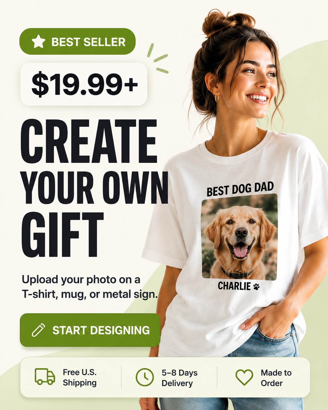 Create your own personalized gift with custom photo T-shirt, mug, or metal sign