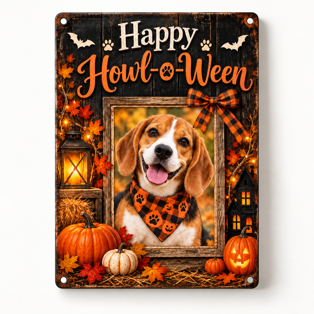 Happy Howl-o-Ween personalized dog photo metal sign, 8 x 12 inch front view