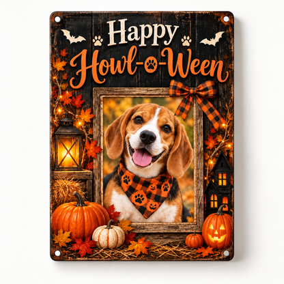 Happy Howl-o-Ween personalized dog photo metal sign, 8 x 12 inch front view