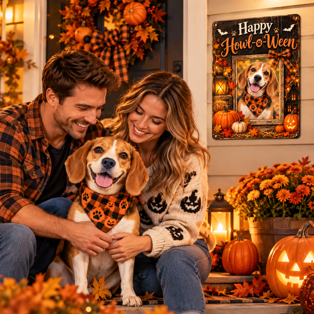 Dog-loving American family celebrating Halloween beside custom pet photo metal sign