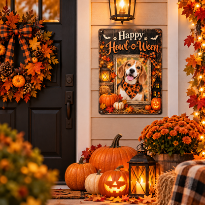 Personalized Halloween dog metal sign on cozy autumn front porch