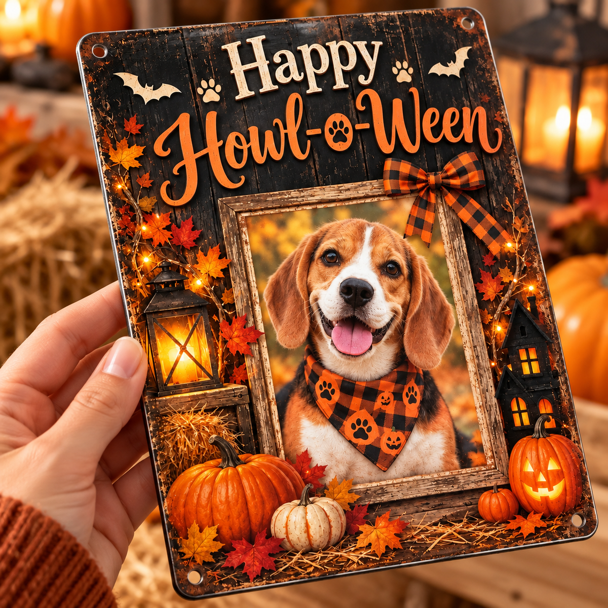 Close-up handheld Happy Howl-o-Ween printed metal sign with rounded corners and four physical holes
