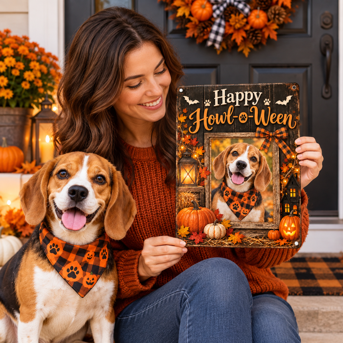 Dog mom holding custom Halloween dog photo sign with her pet in an autumn home scene
