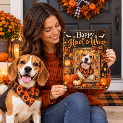 Dog mom holding custom Halloween dog photo sign with her pet in an autumn home scene