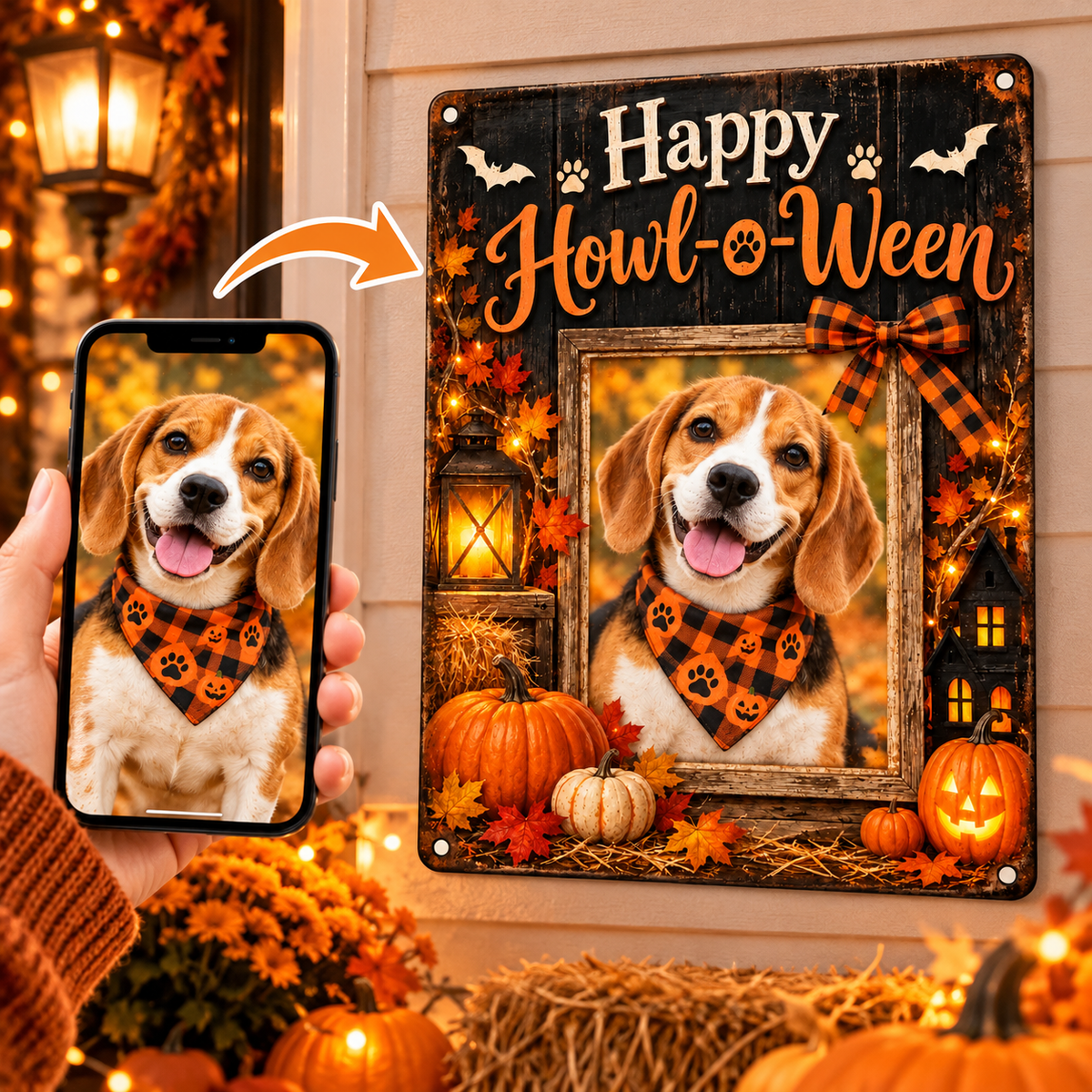 Upload your dog photo to personalize an 8 by 12 inch Halloween metal sign