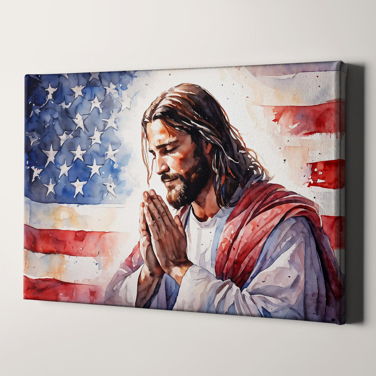 In God We Trust Jesus Praying With American Flag Christian Canvas Wall Art