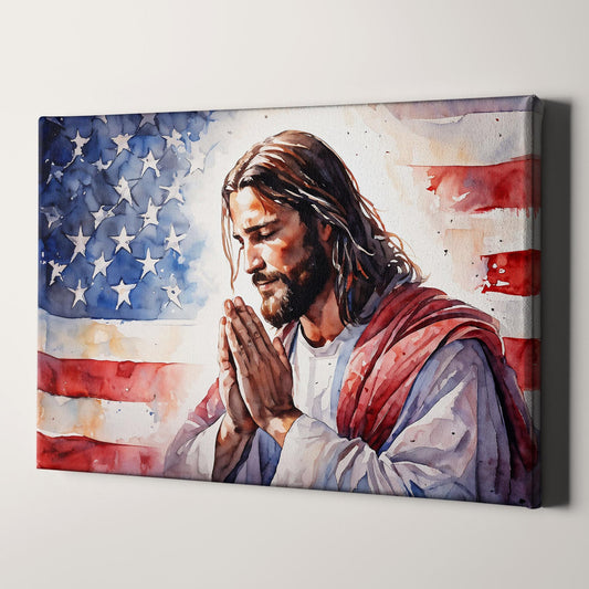 In God We Trust Jesus Praying With American Flag Christian Canvas Wall Art