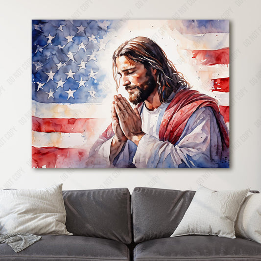 Jesus Praying With American Flag canvas wall art room scene