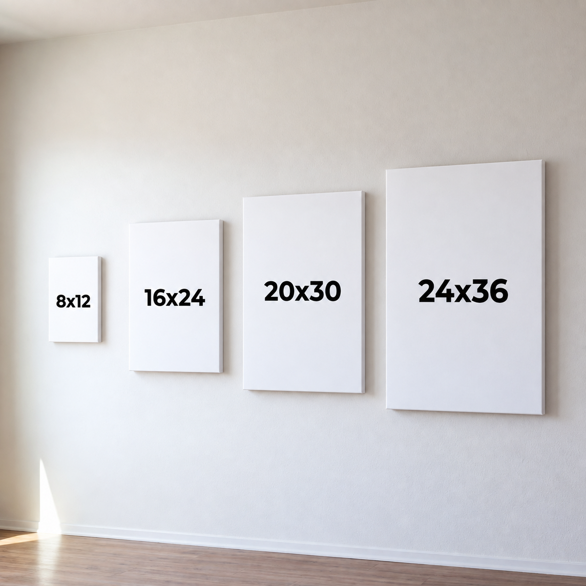 Christian canvas size guide: 8×12 in, 16×24 in, 20×30 in, 24×36 in