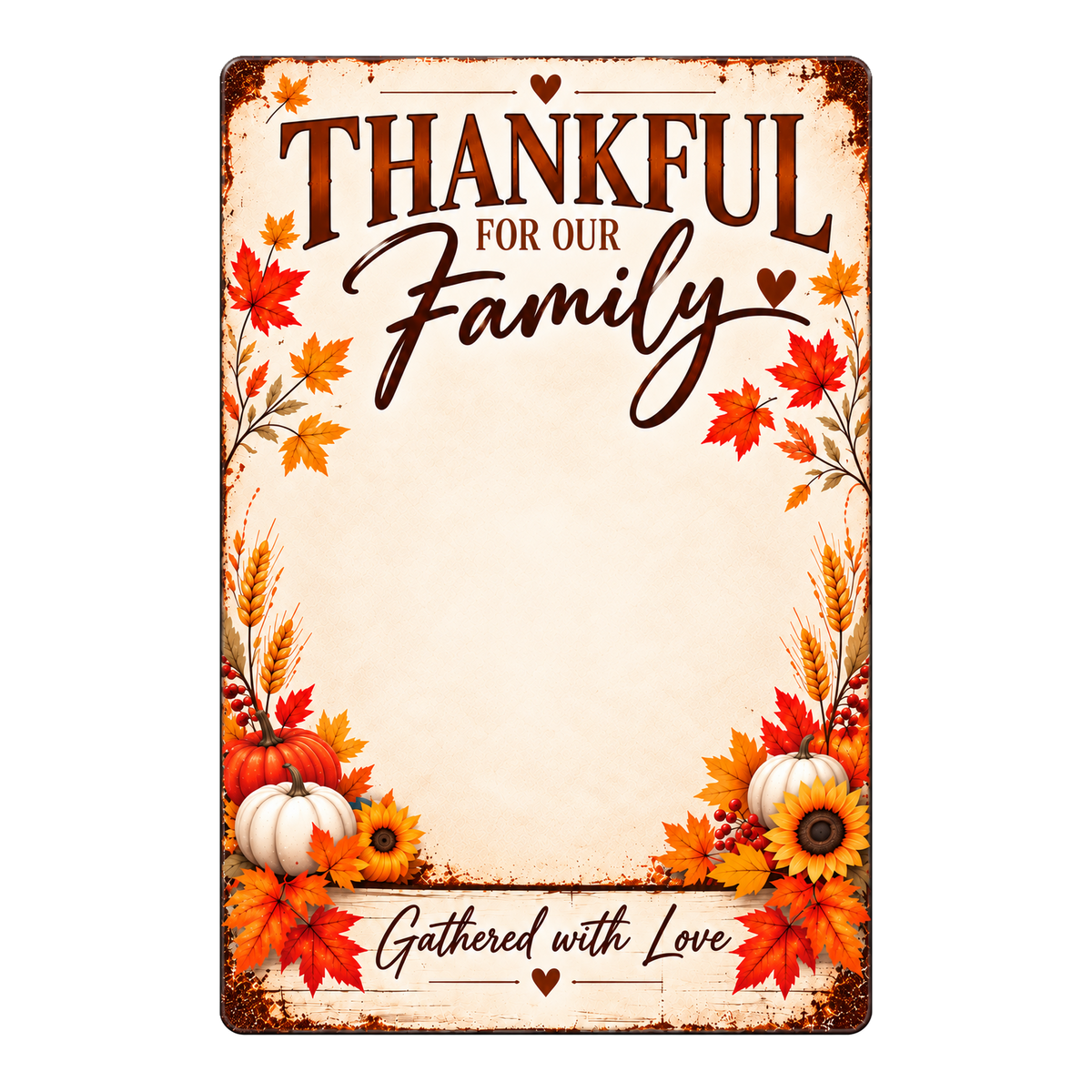 Layerimg AI square preview for blank Thanksgiving metal sign: uninterrupted cream photo region, no drawn photo border