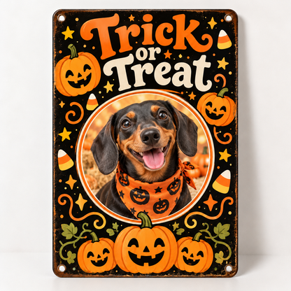 Trick or Treat Halloween Pet Metal Sign personalized dog photo example in circular area, orange pumpkin design