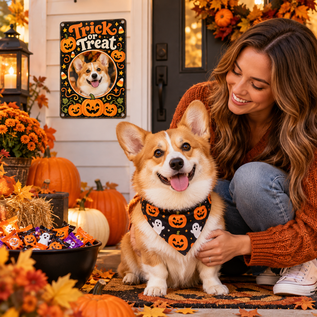 American dog mom posing with corgi and personalized Halloween pet photo metal sign
