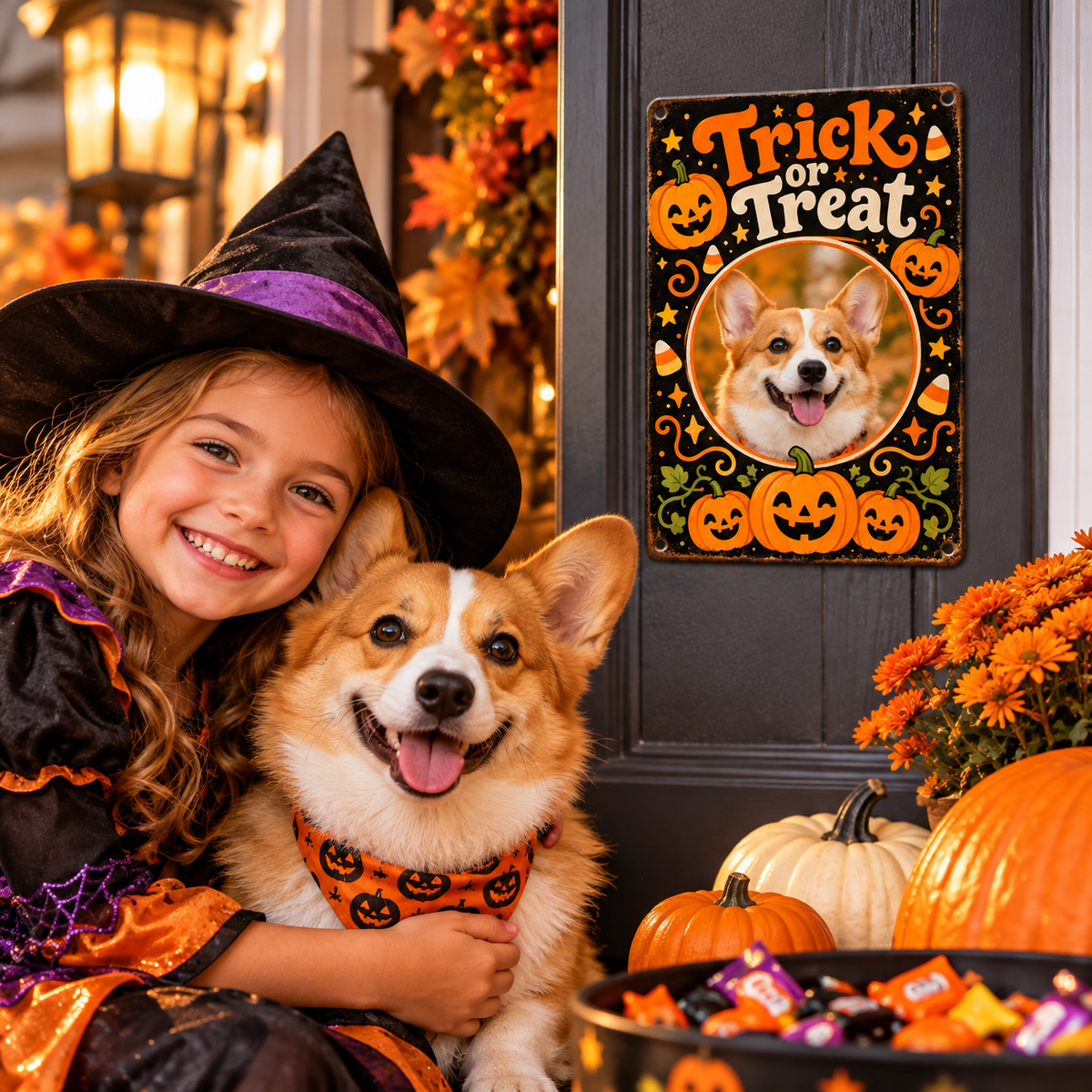 Child dressed for Halloween smiling with corgi and Trick or Treat personalized metal sign by wooden fence