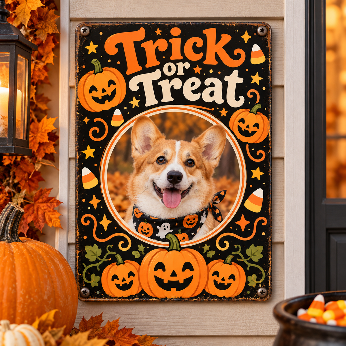 Trick or Treat pet photo metal sign displayed on door by Halloween candy bowl and pumpkins