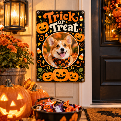 Custom corgi Trick or Treat 8x12 Halloween photo metal sign product closeup beside porch door