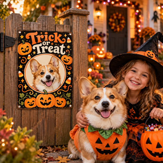 Girl and corgi in Halloween costumes beside family personalized pet metal sign