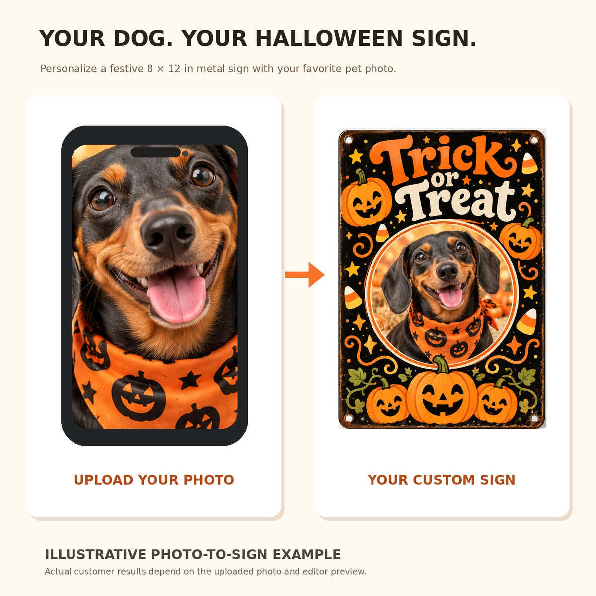 Illustrative upload dog photo to custom Trick or Treat metal sign comparison