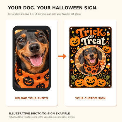 Illustrative upload dog photo to custom Trick or Treat metal sign comparison