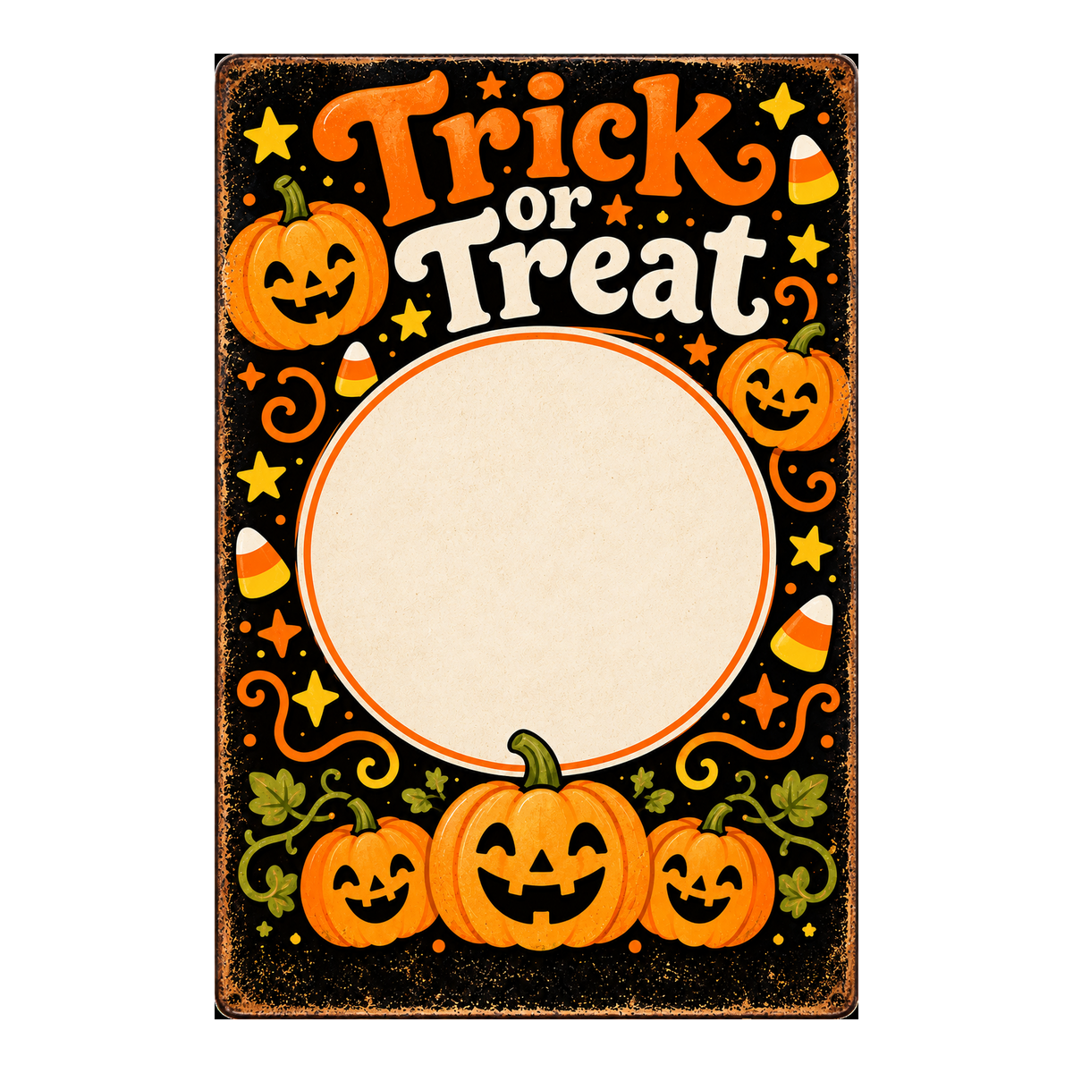 LAYERIMG PREVIEW ONLY – transparent square fit with full Trick or Treat portrait metal sign, no pets or printed holes