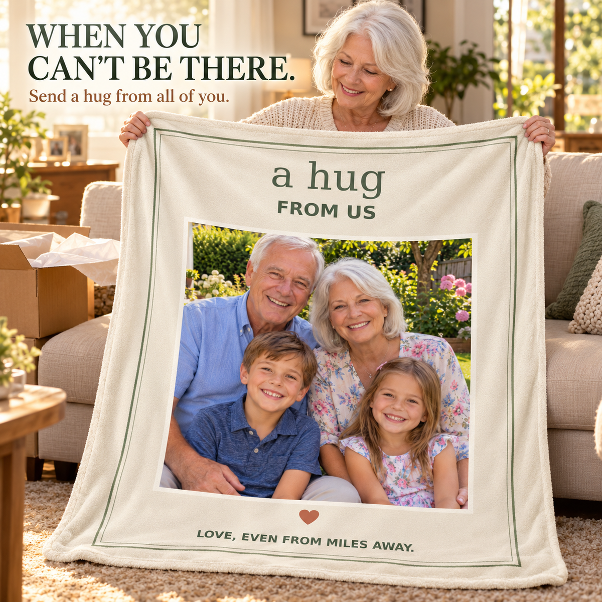Grandmother holding A Hug From Us family photo blanket as a thoughtful gift; illustrative lifestyle mockup
