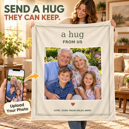 A Hug From Us family photo flannel blanket with matching phone photo; illustrative lifestyle mockup