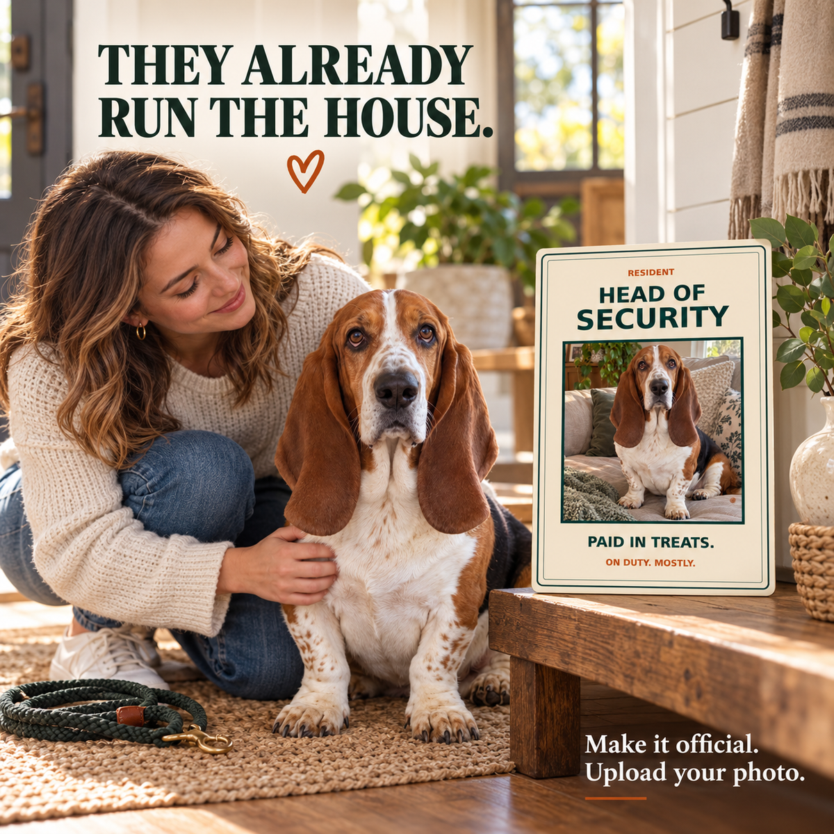 Owner with a basset hound and Head of Security personalized pet sign; illustrative lifestyle mockup