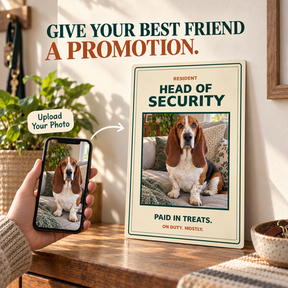 Head of Security personalized pet photo metal sign with matching phone photo in a warm entryway; illustrative lifestyle mockup