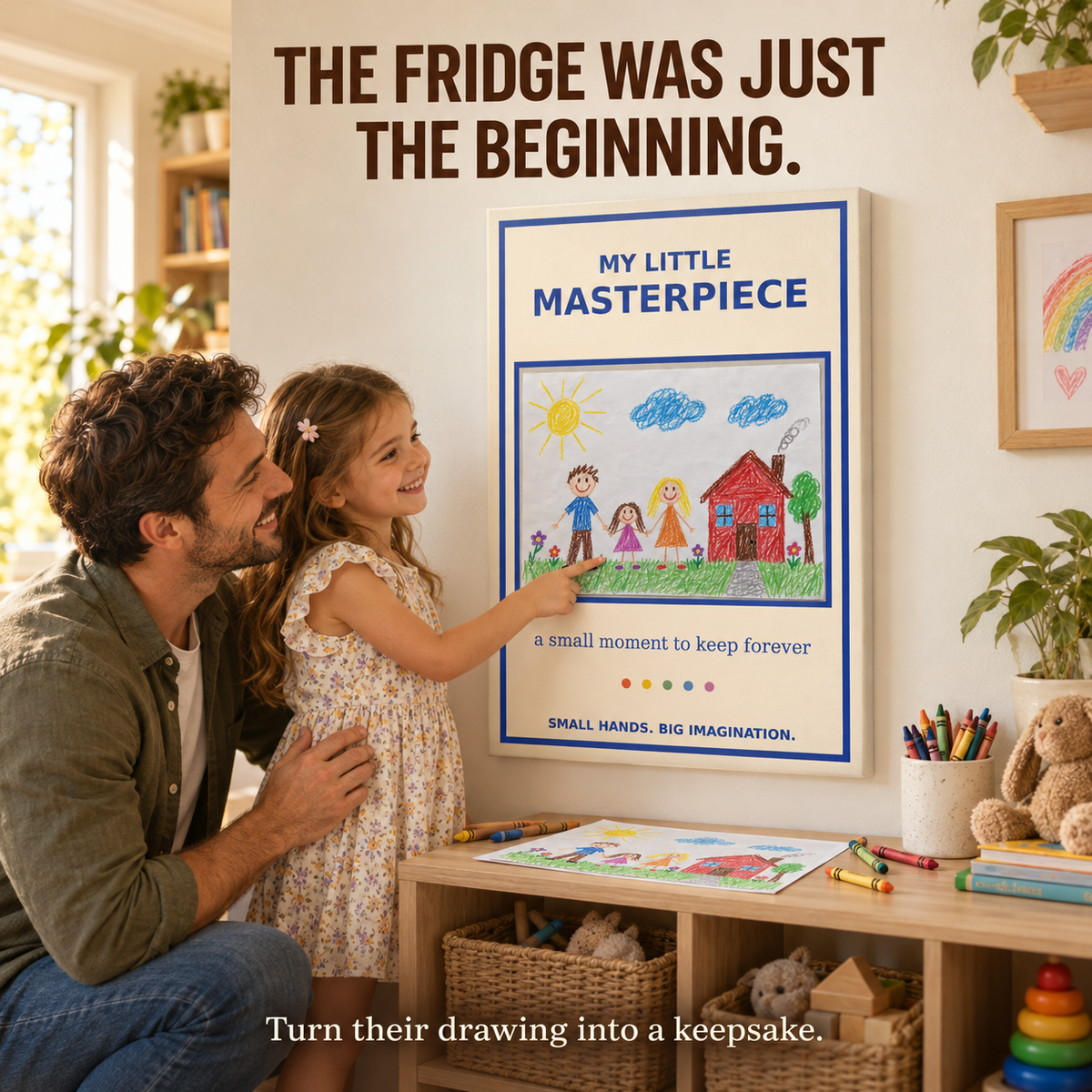 Father and child celebrating her drawing on a My Little Masterpiece canvas; illustrative lifestyle mockup