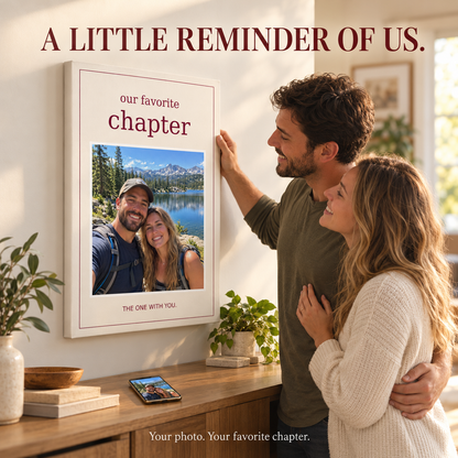 Couple enjoying their Our Favorite Chapter canvas featuring a favorite travel photo; illustrative lifestyle mockup