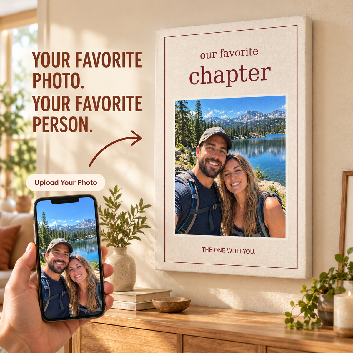 Our Favorite Chapter couple photo canvas with matching phone photo in a warm living room; illustrative lifestyle mockup