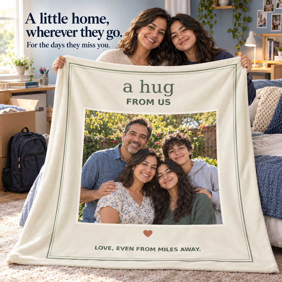 Mother and daughter holding a family photo flannel blanket during college move-in; illustrative lifestyle mockup.