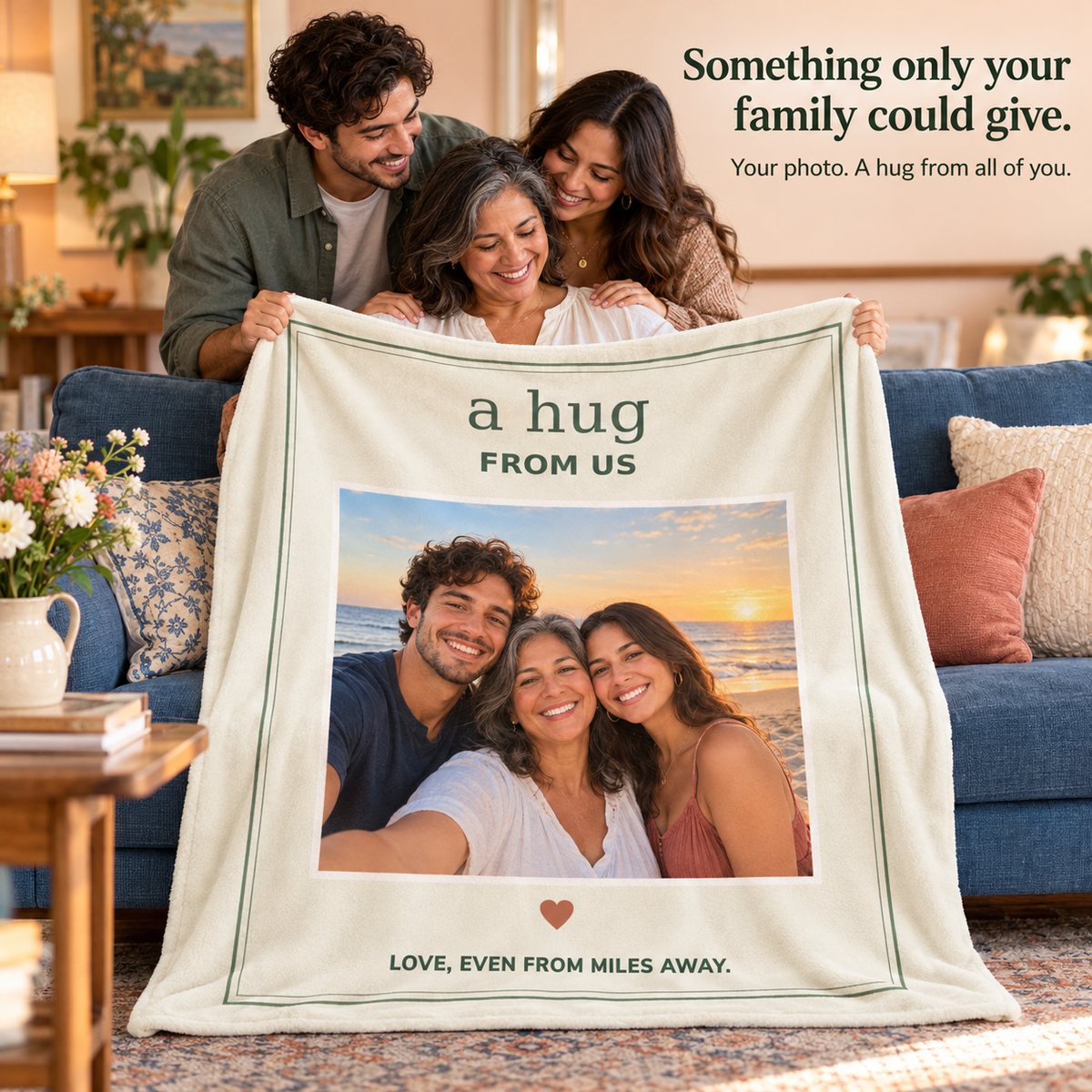Mother receiving an A Hug From Us family photo flannel blanket from her adult children; illustrative lifestyle mockup.